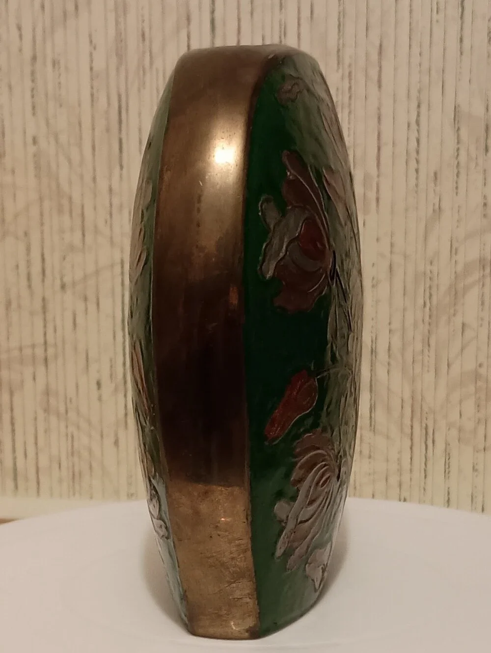 Vintage Indian Brass Enamel Floral Vase Green